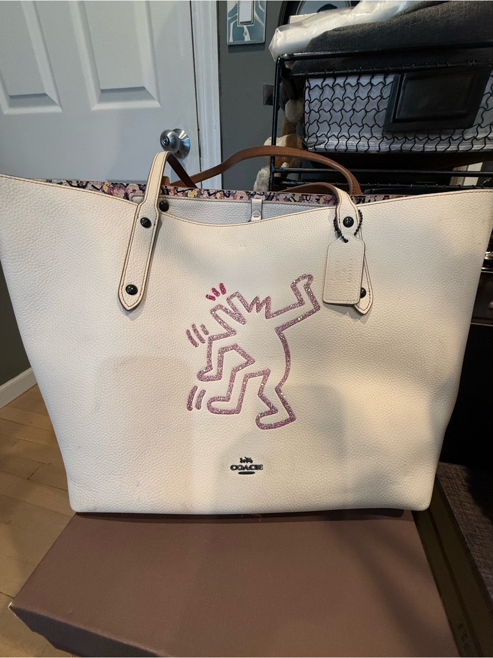 Coach White Leather Tote with Pink Graphic and Brown Handles